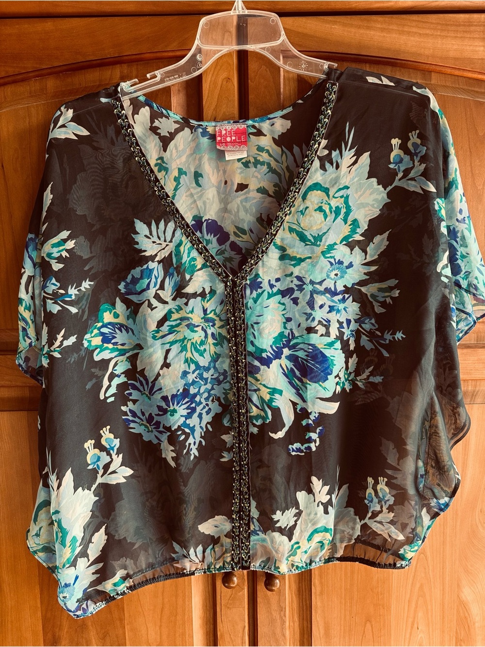 Free People Black Floral V-Neck Sheer Popover Blouse with Blue-Teal Print, Sz L